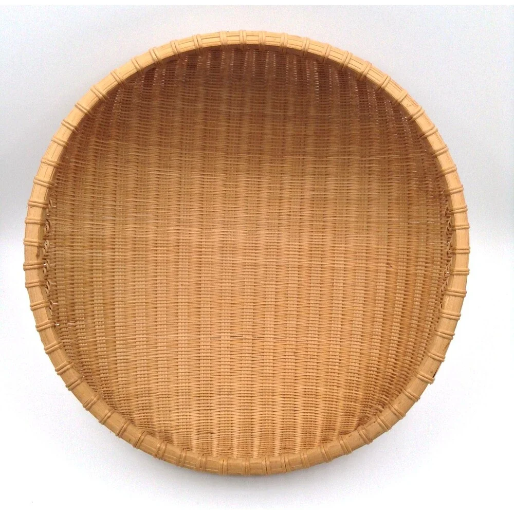 Vtg Bamboo Woven Basket Round Handmade Storage Gathering Bowl Boho Farmhouse 13